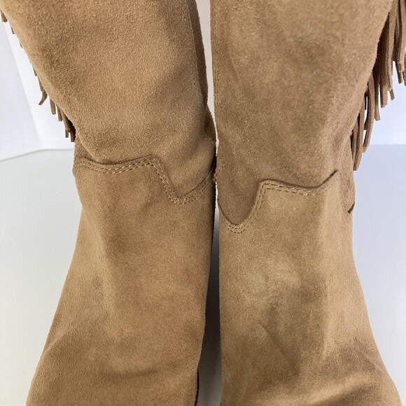 Lucky Brand Boot LK Grayer 7.5M Suede Tan Pullon Flyaway Fringe Mid-Calf Western - Picture 8 of 11